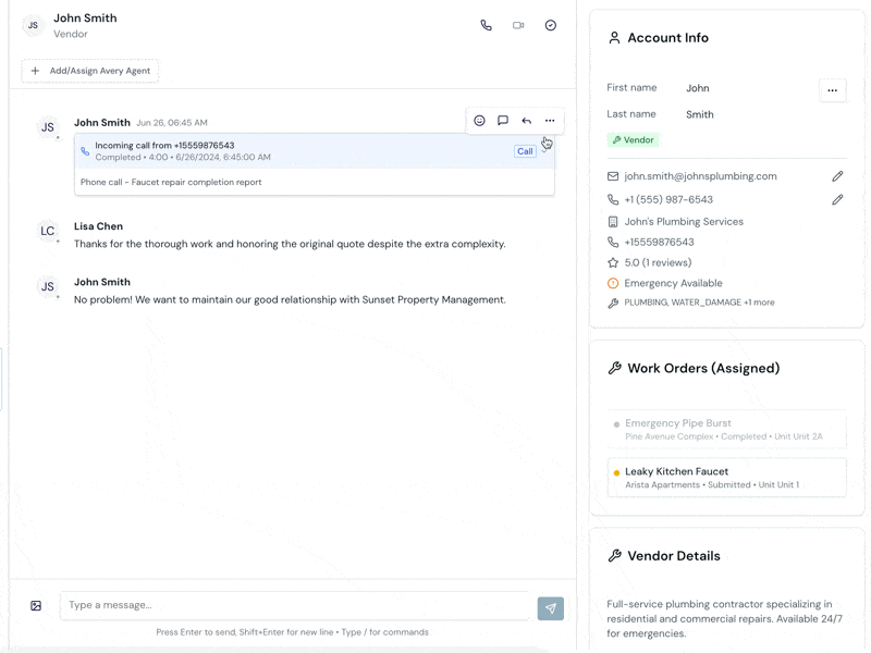 AI Communications Center showing unified inbox with vendor conversation