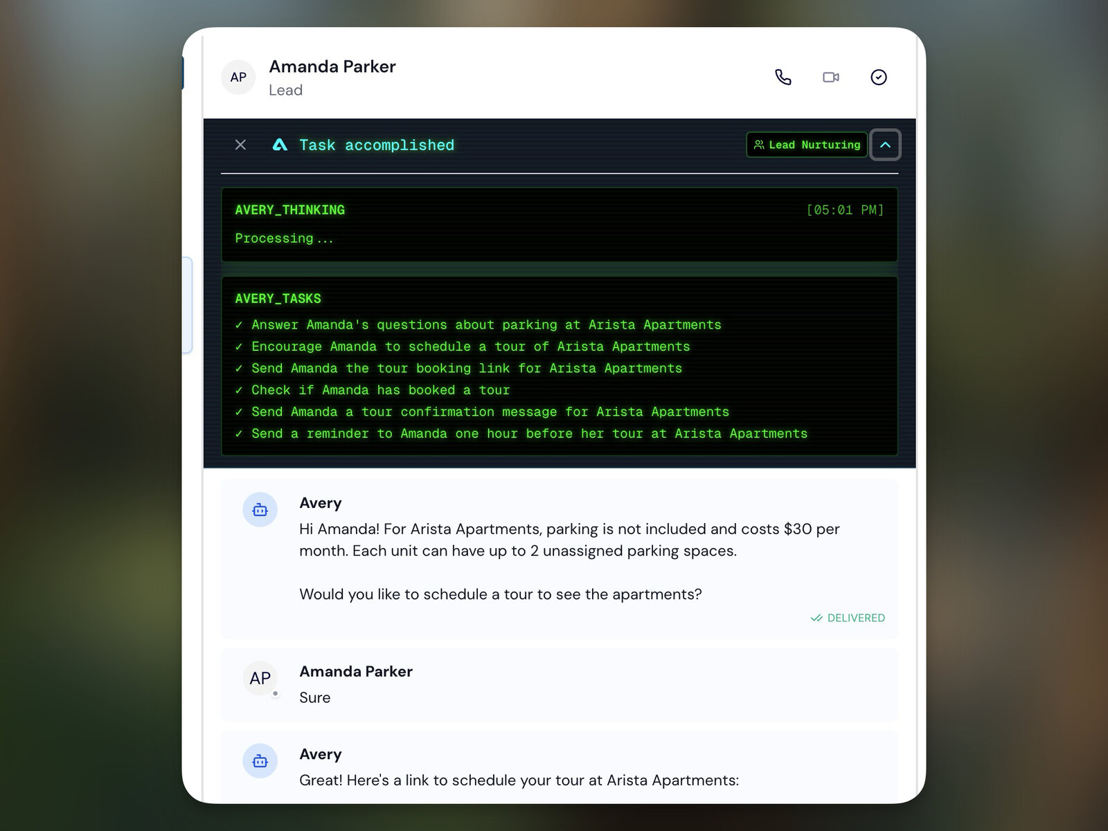AI Leasing Agent showing lead nurturing conversation with tour scheduling