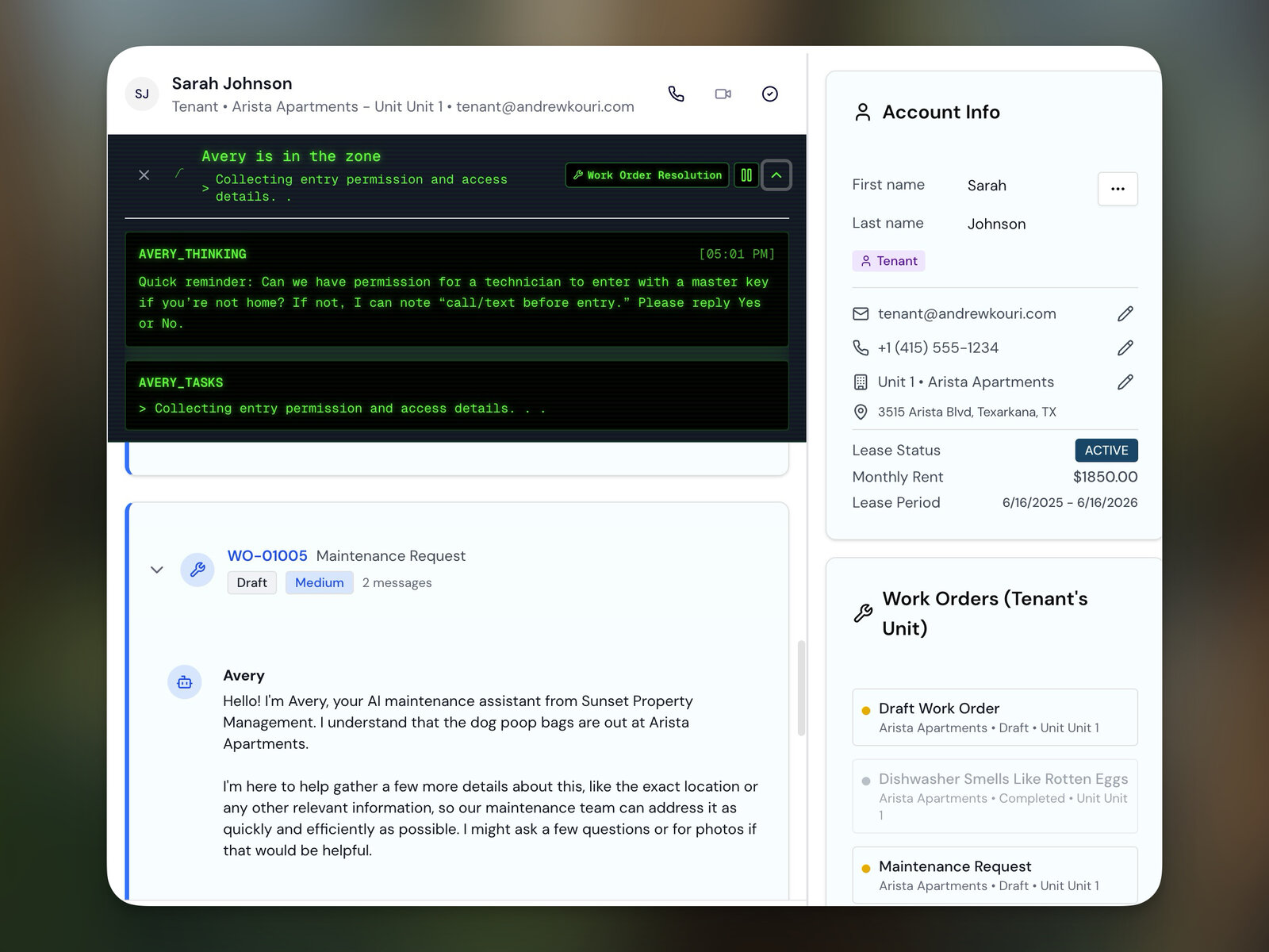 AI Maintenance Coordinator showing work order resolution workflow