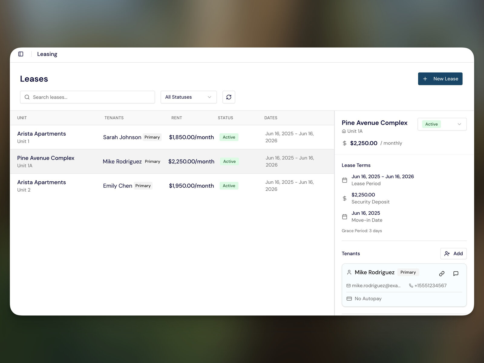 Leasing management view showing active leases and tenant details