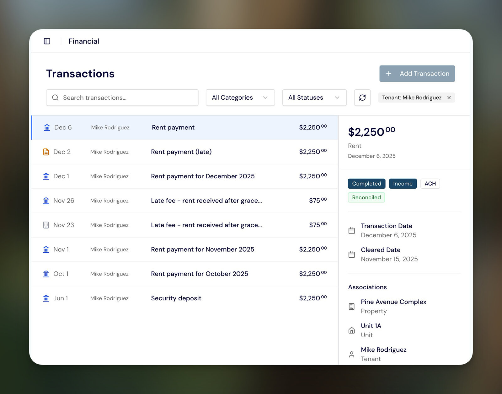 Rent collection transactions view showing payment history