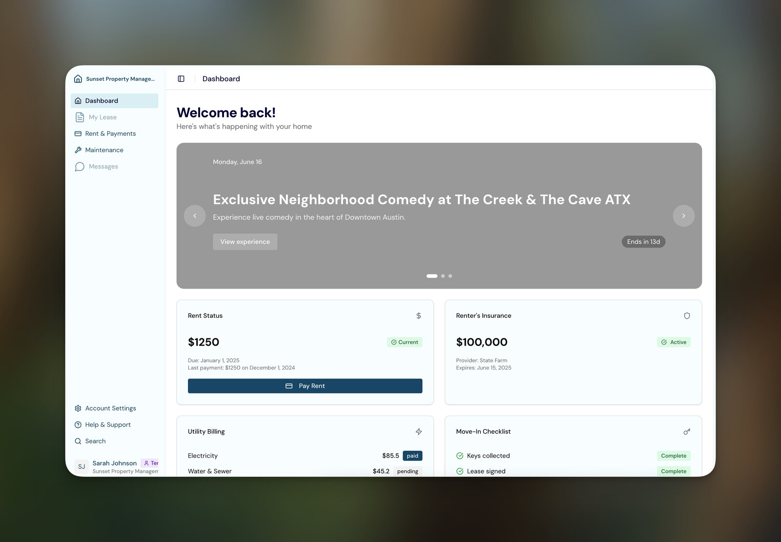 Tenant portal dashboard showing rent status, utilities, and move-in checklist
